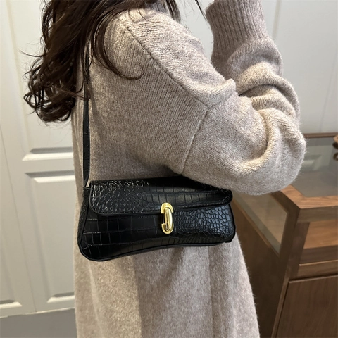 Borsa Baguette Donna Coccodrillo Goffrato Pelle PU Spalla Sottoascella Retro Serratura Dorata Stile Francese