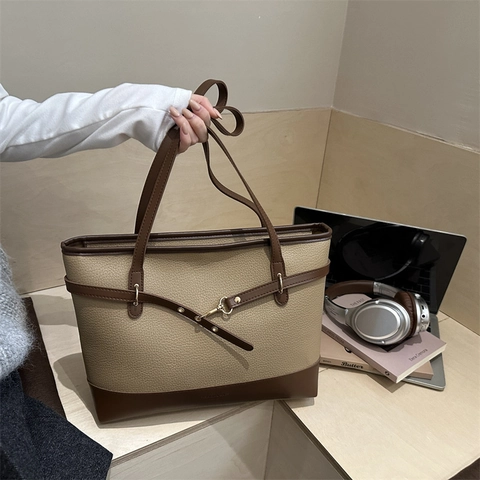 Bolso Tote De Gran Capacidad Cuero PU Patrón Lichi Color En Contraste Minimalista Bolso De Hombro Para Mujer Moda
