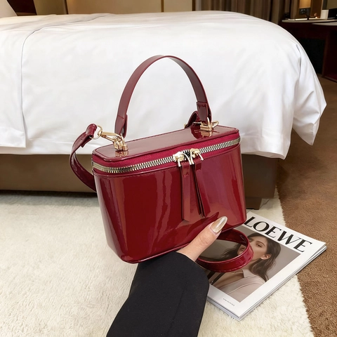 Vintage Women Patent Leather Box Bag Mini Vanity Case Shoulder Crossbody Bag With Top Handle Golden Zipper Fashion Handbag