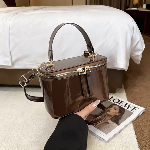 Women Patent Leather Box Shoulder Bag Fashion PU Vanity Case Crossbody Bag High Quality Gold Zipper Elegant Ladies Purse