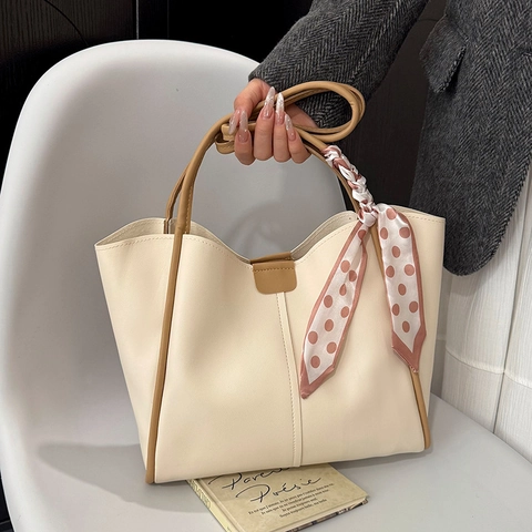Bolso Tote De Cuero PU Gran Capacidad Bolso De Mano Mujer Bolsa Interior Decoración Pañuelo Puntos Simple Urbano Hombro