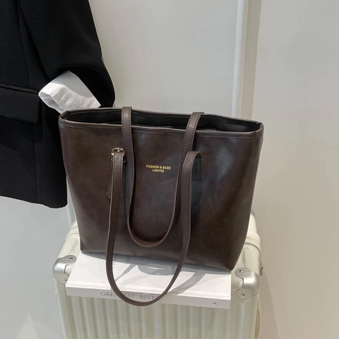 Vintage PU Leather Tote Bag Women Large Capacity Shoulder Handbag Casual Commuter Fashion Plain Solid Color