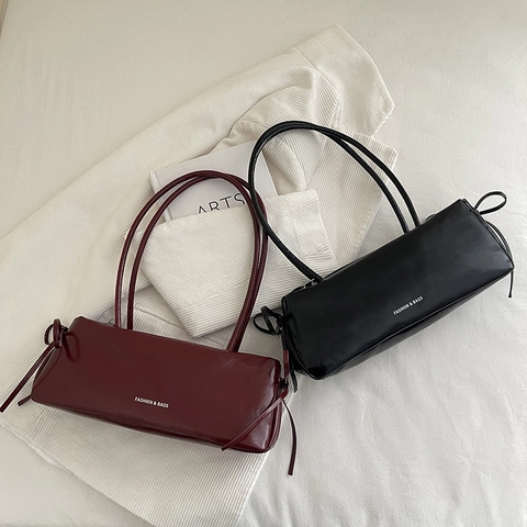 Glossy PU Leather Baguette Shoulder Bag With Bow Knot Vintage Underarm Handbag Minimalist Korean Style Women Fashion