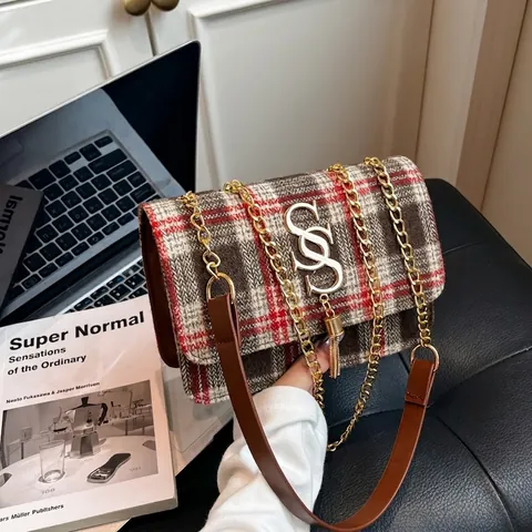 Tweed Plaid Flap Crossbody Bag With Metal S Logo Tassel Chain Strap Retro British Style Handbag For Women