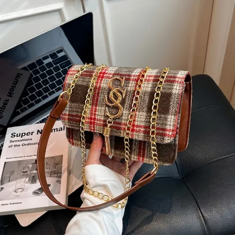 Tweed Plaid Flap Crossbody Bag With Metal S Logo Tassel Chain Strap Retro British Style Handbag For Women