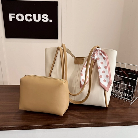 PU Leather Tote Bag And Pouch With Dotted Satin Scarf Magnetic Buckle Large Capacity Modern Chic Commuting Shoulder Bag