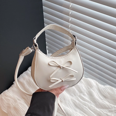 Zoete Glanzende PU Leer Halve Maan Crossbody Tas Voor Vrouwen Dubbele Strik Handtas Mini Schoudertas Veelzijdige Hobo Tas