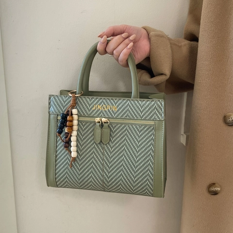 Women Retro Handbag PU Leather Herringbone Pattern Crossbody Shoulder Bag Double Zipper Top Handle Wooden Bead Charm