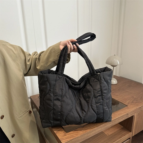 Women Minimalist Quilted Nylon Puffy Tote Bag Large Capacity Wavy Pattern Shoulder Handbag For Casual Daily Office Travel