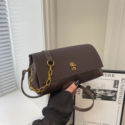 Vintage Women PU Leather Crossbody Bag Gold Metal Lock Chain Strap Commuting Shoulder Bag Square Flap Handbag