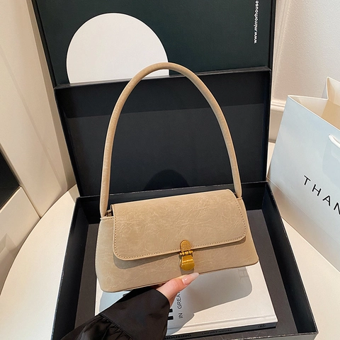 Sac Sous Le Bras Baguette Rétro Pour Femmes Texture Vintage Cuir PU Avec Fermoir Métallique Doré Sac À Main Épaule Minimaliste