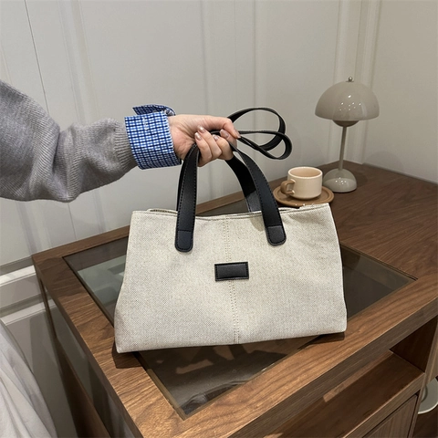 Borsa Tote Minimalista In Tela Con Manici In Pelle PU A Contrasto Borsa A Spalla Di Grande Capacità Per Donna Quotidiana