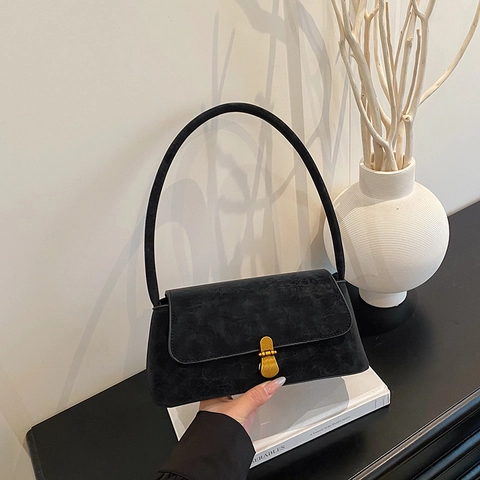 Sac Sous Le Bras Baguette Rétro Pour Femmes Texture Vintage Cuir PU Avec Fermoir Métallique Doré Sac À Main Épaule Minimaliste