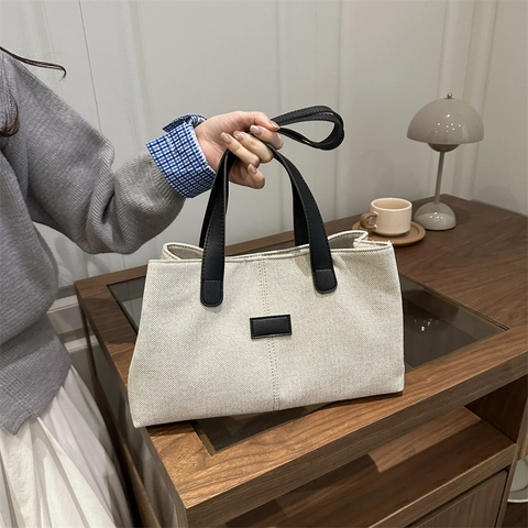 Women Large Capacity Canvas Tote Bag Minimalist Contrast Color Synthetic Leather Handle Casual Shoulder Handbag