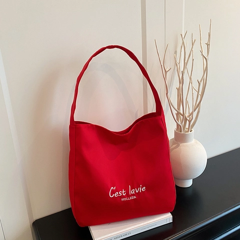 Sac Cabas de Grande Capacité en Tissu Composite Pour Femmes Impression de Lettre C'est La Vie Sac à Bandoulière Sac à Main Travail