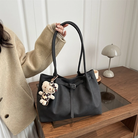 Pu Leather Tote Bag Large Capacity Minimalist Retro Commuter Single Shoulder Handbag With Belt Buckle For Women