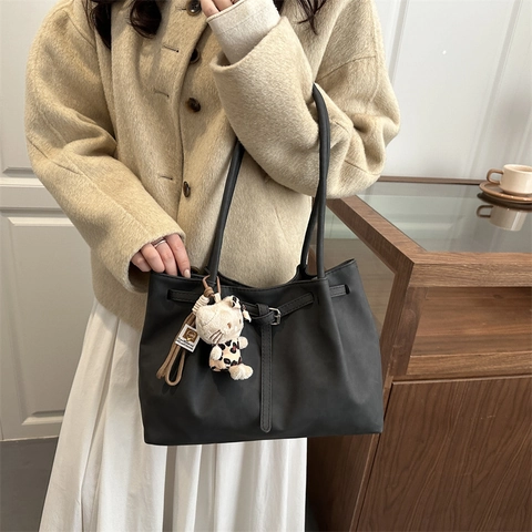 Pu Leather Tote Bag Large Capacity Minimalist Retro Commuter Single Shoulder Handbag With Belt Buckle For Women
