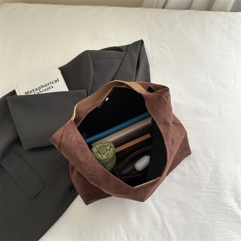 Damen Wildleder Shopper Tasche Matt Schultertasche Große Kapazität Minimalistisch Retro Pendler Mit Beutel Und Bär Anhänger