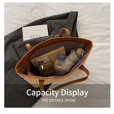 Large Capacity Corduroy Tote Bag For Women Solid Color Striped Shoulder Handbag With Leather Handles And Metal Rivets