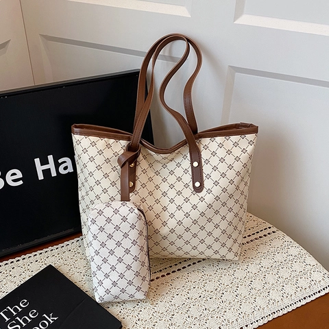 Women Vintage Tote Bag And Pouch PU Leather Large Capacity Geometric Star Print Commute Shoulder Handbag Retro