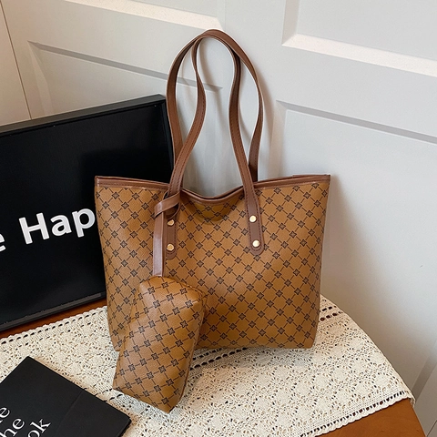 Women Vintage Tote Bag And Pouch PU Leather Large Capacity Geometric Star Print Commute Shoulder Handbag Retro