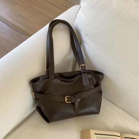 Bolso Tote De Cuero PU Retro Para Mujer Gran Capacidad Minimalista Hebilla De Cinturón Bolso De Hombro De Mano