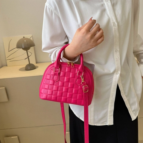 Women Fashion PU Leather Shell Bag Quilted Checkerboard Pattern Top Handle Crossbody Handbag With Gold Hardware Zip Closure
