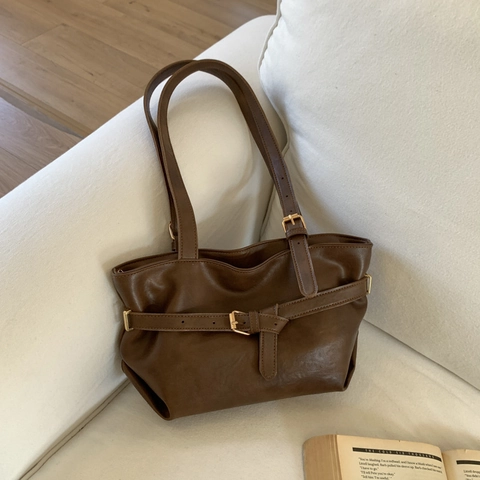 Vintage Damen PU Leder Tragetasche Große Kapazität Minimalistische Umhängetasche Dekorative Gürtelschnalle Mode Handtasche