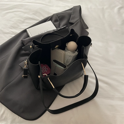 Women Tote Bag Lychee Pattern PU Leather Large Capacity Minimalist Korean Style Commuter Shoulder Handbag Gold Hardware