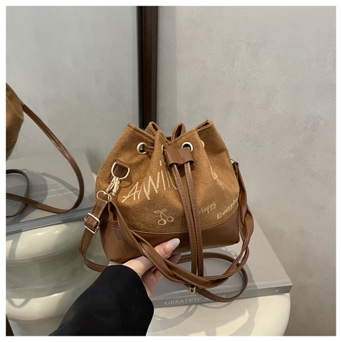 Eimer Tasche Damen Leinwand Kunstleder Patchwork Kordelzug Umhängetasche Schultertasche Graffiti Kirschdruck Retro Modisch