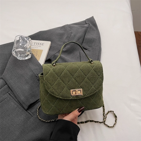 Borsa A Mano Trapuntata A Rombi Da Donna Velluto Effetto Scamosciato Catena Borsa A Tracolla Retro Chiusura Girevole Piccola Borsa Quadrata