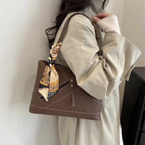 Borsa Tote Vintage In Pelle PU Da Donna Con Cuciture A Contrasto Tasca Frontale Con Zip E Foulard Decorativo In Raso