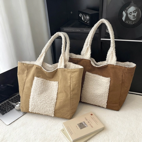 Bolso Tote Grande Corduroy Sherpa Empalme Otoño Invierno Bolso De Hombro Forro Polar Cálido Color Contraste Para Mujeres
