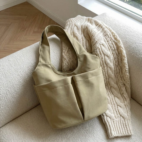 Bolso De Mano De Nailon Minimalista Gran Capacidad Casual Múltiples Bolsillos Bolso Tote Mujer Color Sólido Versátil Bolso Cubo Hombro