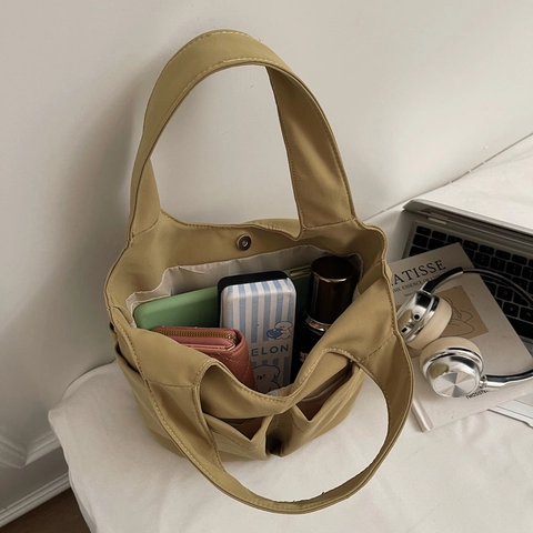 Bolso De Mano De Nailon Minimalista Gran Capacidad Casual Múltiples Bolsillos Bolso Tote Mujer Color Sólido Versátil Bolso Cubo Hombro