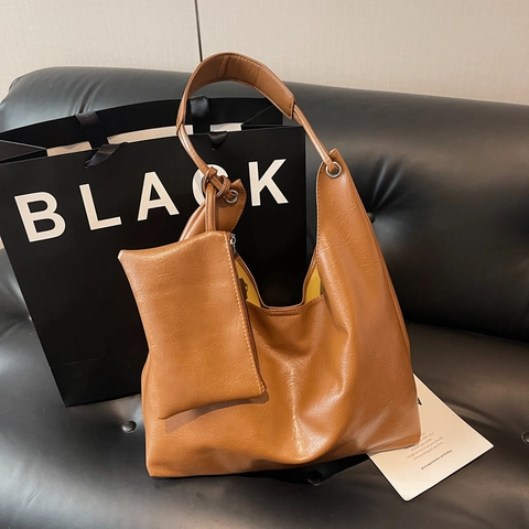 Minimalist Large Capacity Hobo Shoulder Bag For Women Soft PU Leather With Small Pouch Vintage Lychee Texture Handbag