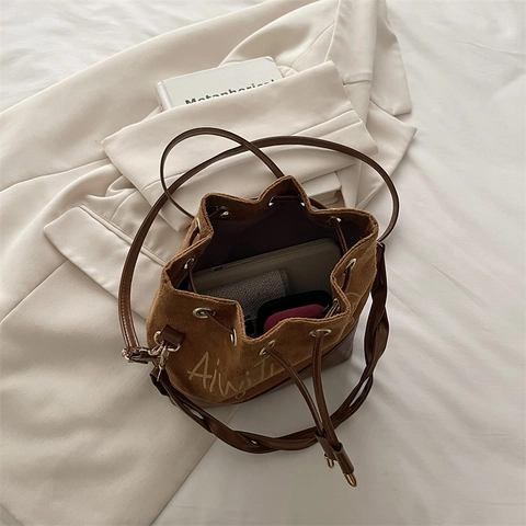 Eimer Tasche Damen Leinwand Kunstleder Patchwork Kordelzug Umhängetasche Schultertasche Graffiti Kirschdruck Retro Modisch