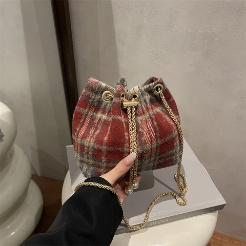 Borsa A Secchiello Vintage A Quadri Donna Catena Dorata Decorazione Künstliche Perle Chiusura Con Coulisse Elegante Borsa A Tracolla