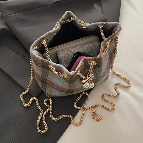 Borsa A Secchiello Vintage A Quadri Donna Catena Dorata Decorazione Künstliche Perle Chiusura Con Coulisse Elegante Borsa A Tracolla