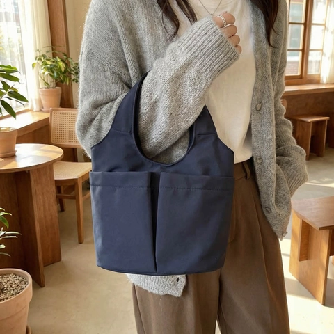 Borsa a Tracolla da Donna Minimalista in Tela di Nylon Doppia Tasca Grande Capacità Borsa a Mano per Pendolare Quotidiano Borsa Hobo alla Moda