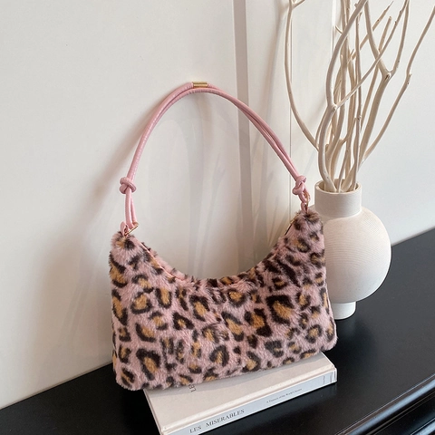 Bolso De Hombro De Piel Sintética Con Estampado De Leopardo Hobo Underarm Felpa Cierre De Cremallera Moda De Invierno Mujer