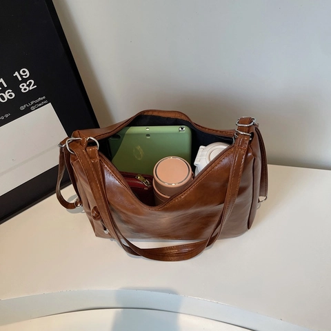 Borsa Hobo In Pelle PU Morbida Da Donna Grande Capacità Borsa A Tracolla Retro Con Cerniera Verticale Nappa