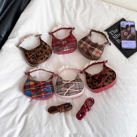 Mini Borsa Dumpling Donna Vintage Leopardata Scozzese Fiocco Pizzo Dekor Pelle PU Tracolla Spalla Streetwear