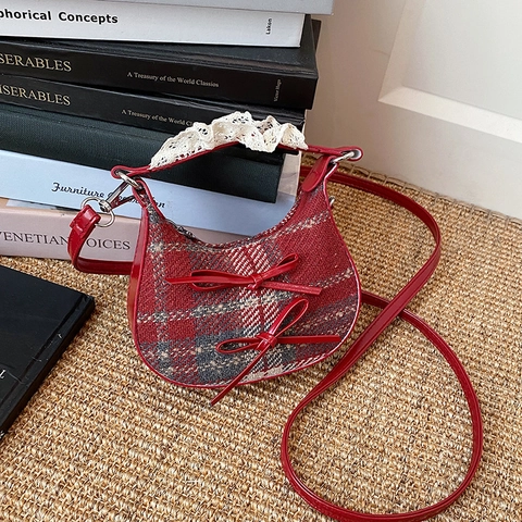 Bolso de Hombro Mini Estilo Coreano con Estampado de Leopardo y Cuadros para Mujer Dulce Bolso de Medialuna con Lazo y Asa de Encaje Bolso de Axila