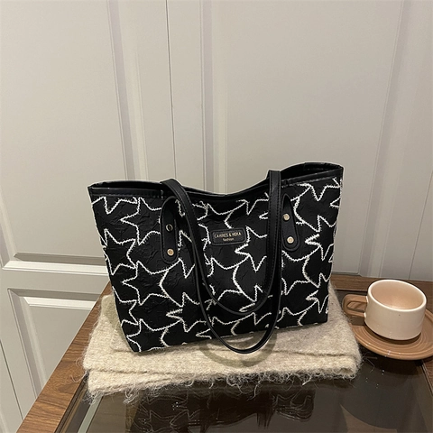 Borsa Tote da Donna con Motivo a Stelle e Trama Pieghettata Grande Capacità Borsa a Spalla Casual con Ciondolo a Nuvola Moda