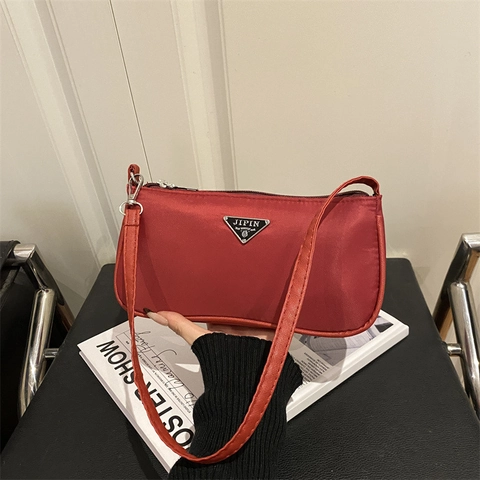Nylon Underarm Shoulder Bag Women Retro Baguette Handbag Minimalist Urban Fashion Lightweight Zipper Closure Metal Logo