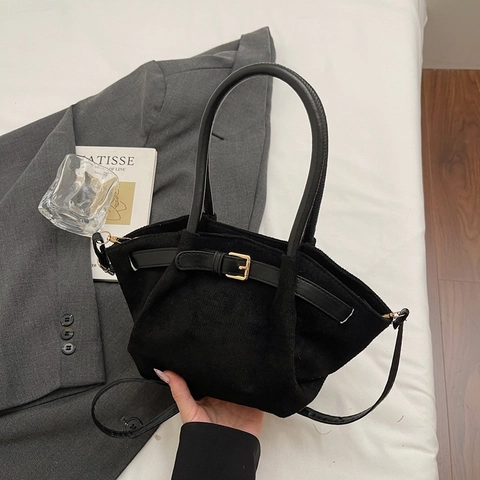 Suede Texture Crossbody Handbag Women Retro Minimalist Top Handle Bag With Decorative Belt Buckle Magnetic Closure Casual Fashion