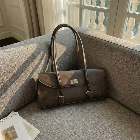 Bolso Baguette Vintage Mujeres Cuero Sintético Bolso De Axila Hombro Cerradura Plateada Retro Chic Color Sólido