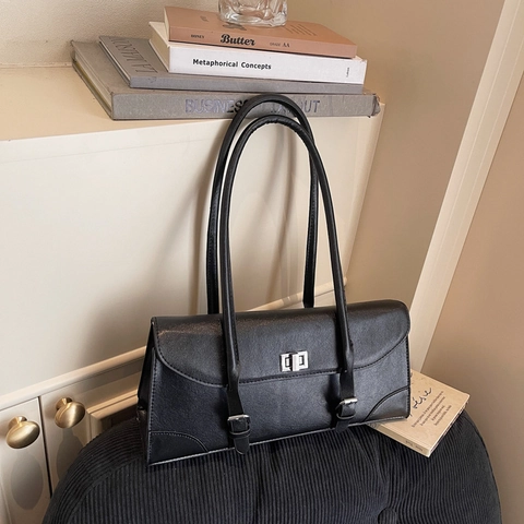 Retro PU Leather Baguette Shoulder Bag For Women Large Capacity Square Underarm Bag With Buckle Solid Color Minimalist Fashion Handbag