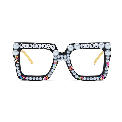 Birthday Girl Party Glasses Square Oversized Artificial Pearl PC Metal Chain Temple Hip Hop Birthday Party Props For Women